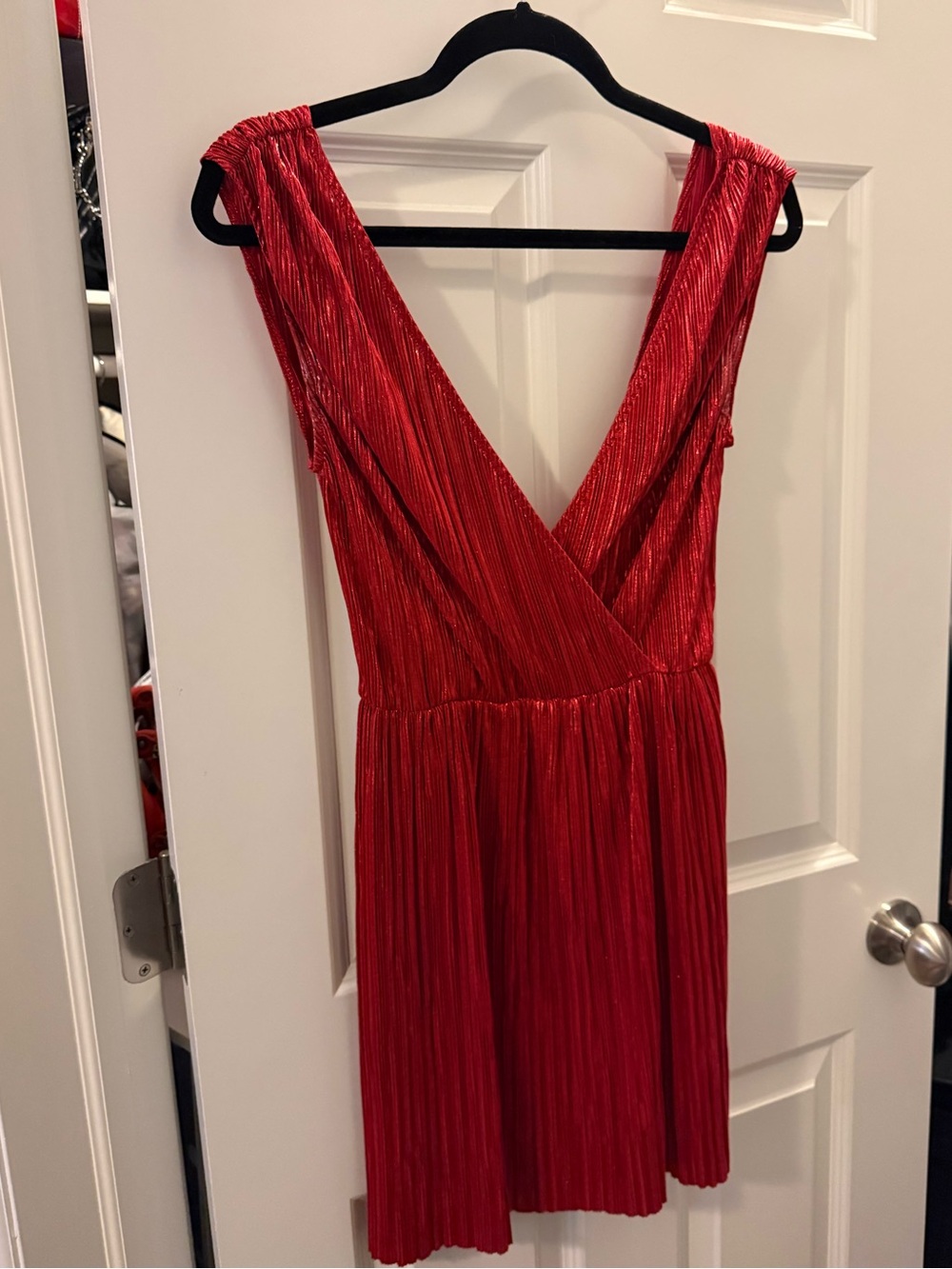 OML Red Metallic Pleated Wrap Mini Dress NWOT - Size XS